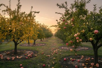 Walk through a dreamy pomegranate orchard at sunset with ripe fruit ready for harvest and a warm golden light, perfect for fall and healthy lifestyle ads