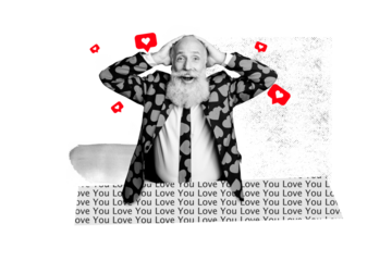 Composite trend artwork 3D sketch image photo collage of valentine day love heart bonding date like banner aged man beard wear suit posing