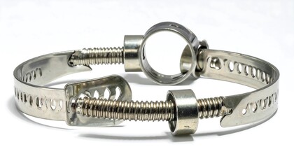 Detailed Industrial Constant Tension Worm Gear Hose Clamp with Spring Mechanism Isolated on White.