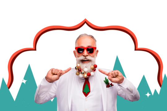 Composite trend artwork photo collage of winter holiday new year merry christmas team santa claus aged man finger point beard toy ball