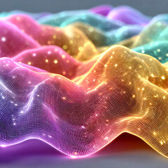 Futuristic mesh artwork representing connectivity, with glowing nodes and rainbow gradients creating a virtual network. Imagination and energy concept.