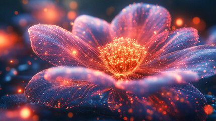 Futuristic blossom visualizing harmony between biology and AI, concept of organic data flow, symbolizing the fusion of nature and technology.