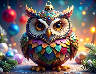Colorful owl ornament, festive background