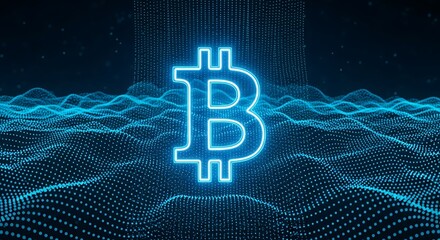 A glowing Bitcoin symbol sits atop a digital ocean of light-blue dots against a dark backdrop.
