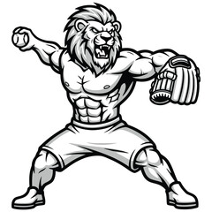 A close-up mascot illustration  with muscular torso  black and white only, flat vector, no gradient, bold outlines, clean illustration