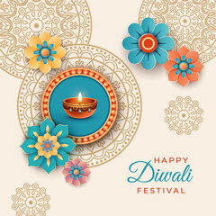 Festive greetings on the occasion of the celebration Hindu festival of Diwali. Abstract composition with a diya lamp in the center of the mandala and a paper cut decorations