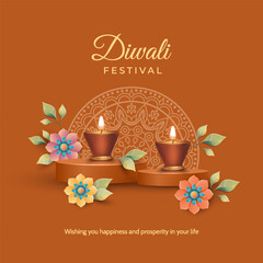 Diwali Festival Banner. Traditional Indian copper diya lamp on podium with paper flowers on brown flat background