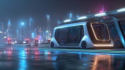 Autonomous vehicle parked at a futuristic station medium shot highlighting the seamless passenger boarding experience and advanced technology with a softly blurred cityscape