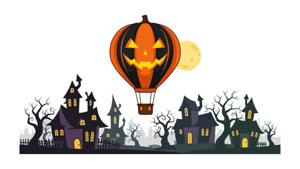 Haunted Halloween: A spooky Halloween scene depicts a hot air balloon shaped like a jack-o'-lantern soaring over a spooky village, under the glow of a full moon.