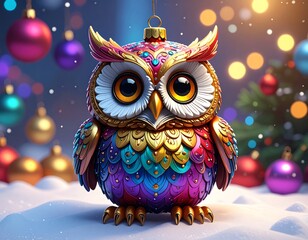 Colorful owl ornament, festive scene