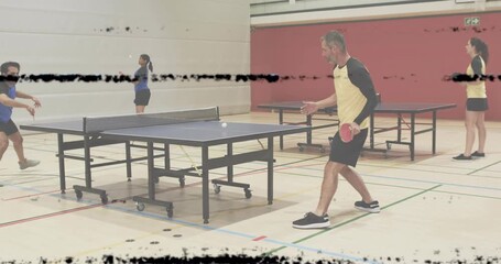 Male player in yellow serving table-tennis ball at them, igniting practice rally with animated path