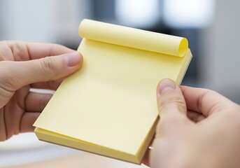 Close-up on hands holding a blank yellow notepad ready for creative ideas