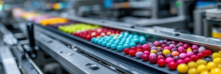 Brightly colored candies move along a conveyor belt in a factory during the candy production process in the afternoon