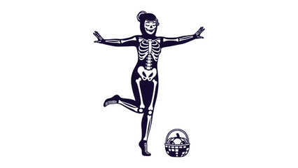 Skeletal Grace: An artistic illustration of a woman's skeleton, playfully poised with arms outstretched, showcasing the beauty of human anatomy and creativity