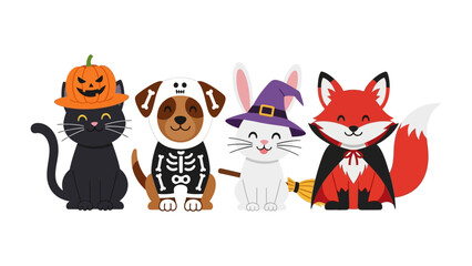 Whimsical Halloween Costumes: A charming collection of dressed-up creatures, each adorned in festive attire, ready for trick-or-treating and spooky fun!