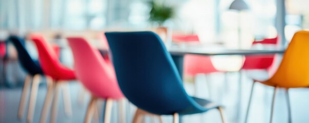 A collection of colorful chairs around a table in a modern, blurred office space, creating a vibrant and inviting atmosphere.