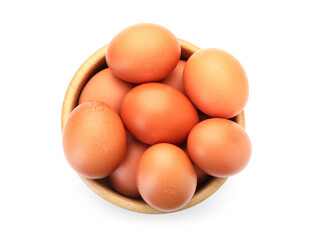Raw chicken eggs in bowl isolated on white, top view
