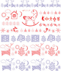 Seamless Christmas vector pattern set with a cartoon snowman for a vintage winter greeting card design