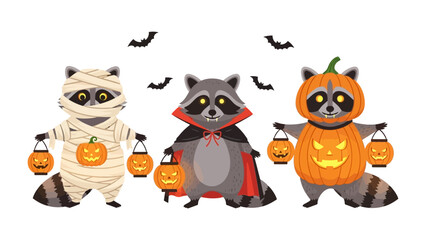 Halloween Raccoon Trio: A collection of three adorable raccoons, each adorned in unique Halloween costumes. From mummy wraps to vampire capes and pumpkin suits, they hold glowing lanterns.