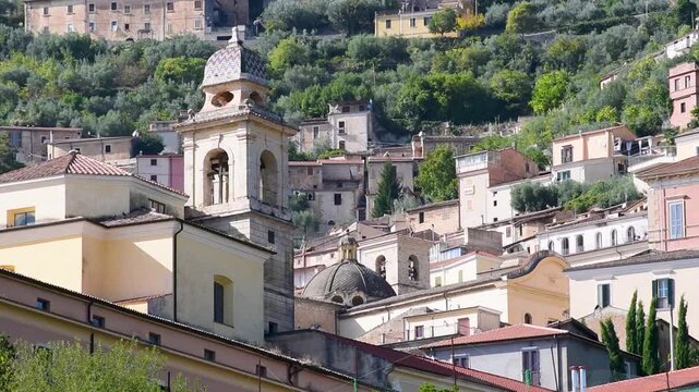 Bell tower of the former Franciscan convent of San Nicola since 1516 in Alvito,Comino Valley in the province of Frosinone amid the Italian Apennine Mountains of the south-east Lazio region.