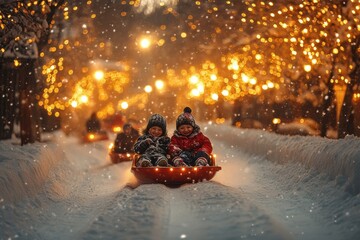 children sled down a snowy road.