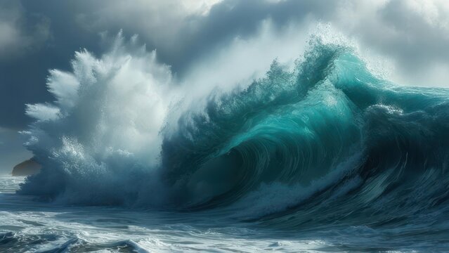 Powerful Ocean Wave Crashing Under a Dramatic Sky.