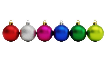 Six pristine matte spherical christmas ornaments in red, silver, magenta, blue, green, chartreuse, golden caps, aligned on transparent isolated background, commercial product showcase