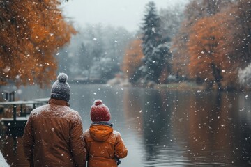 Man and child on dock in snow.