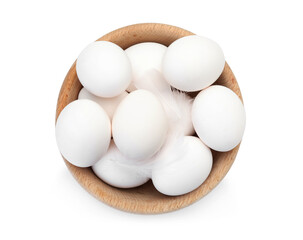 Raw chicken eggs in bowl isolated on white, top view