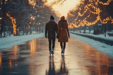 Couple walking snowy road.