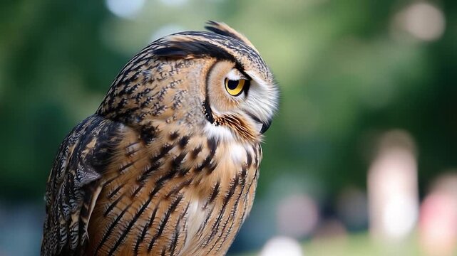 A detailed view of an owl's face, set against a blurred background