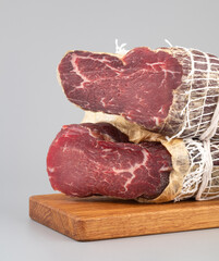 Slices of dry aged wagyu beef on a cutting board