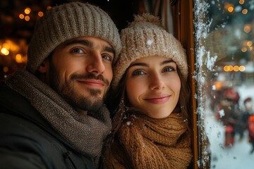 Man and woman looking out window.