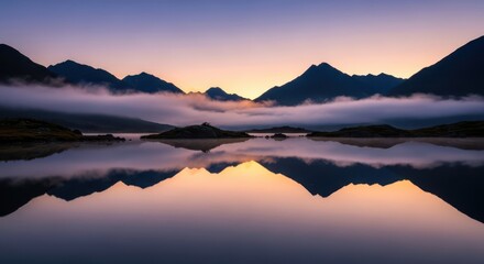 Obraz premium Misty Mountain Lake Reflects a Serene Sunrise Sky