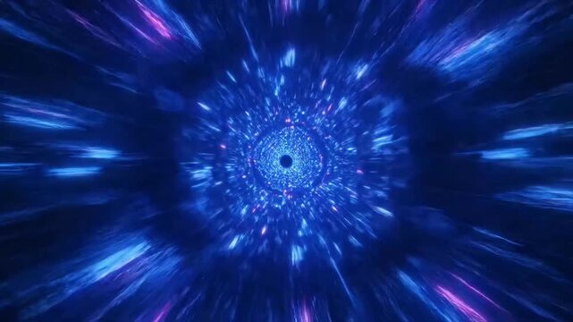 Exploring a radiant blue-purple light pattern portal in a cosmic digital illustration from a central perspective