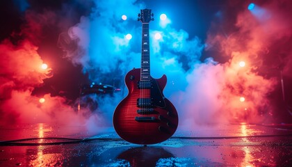 Vibrant red and blue stage lighting engulfs a professional electric guitar in a dramatic, smoky concert atmosphere, symbolizing passion for music and live performance