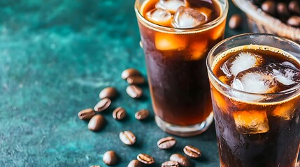 Isolated glass filled with coffee and ice cubes, dark backdrop emphasizing smooth surface glow