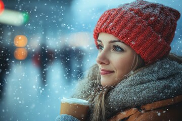 Woman in red hat and scarf holding a cup.