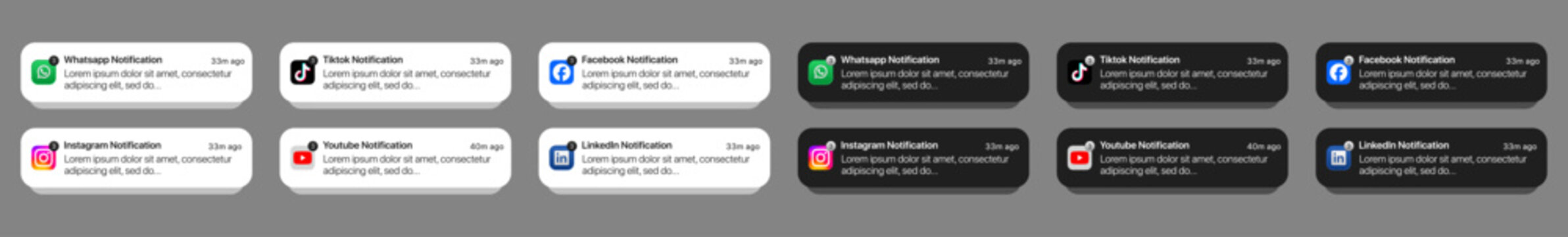 iOS notification mockup. WhatsApp, TikTok, Facebook, Instagram, YouTube & LinkedIn iOS notification UI mockup template. chat alerts, message UI mockup	
