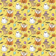 Happy halloween party seamless pattern background with adorable puppy dog wearing halloween costume, spooky pumpkin and glowing bat. Holidays cartoon character. -Vector