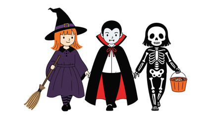 Halloween Costume Trio: An illustration featuring three children in Halloween costumes, including a witch, vampire, and skeleton, holding hands in a delightful, playful, and festive scene.