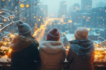 people sit on ledge, gazing at city lights.