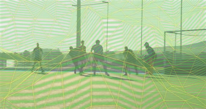 Skating player starting animated hockey layer while group converging scooping ball and scoring goal