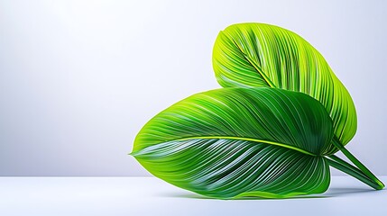 Minimal display of tropical leaves with natural green tones on white surface, isolated composition