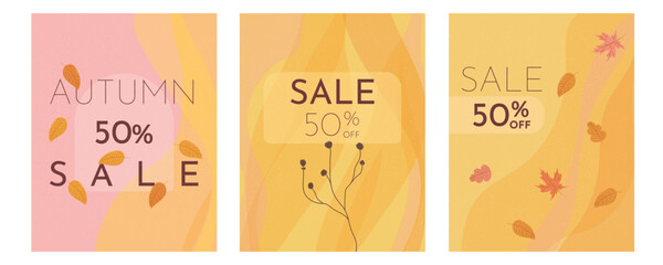 Autumn colorful sale card set, background, poster, banner, flyer with leaves and plants in yellow and orange colors. Hand drawn template for advertising, web, social media, discount.