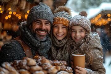 Smiling man and woman holding coffees in the snow.