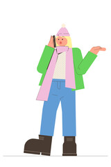 Woman talking on the mobile phone in a jacket, hat, with scarf holding a smartphone. Vector colorful spring, fall illustration
