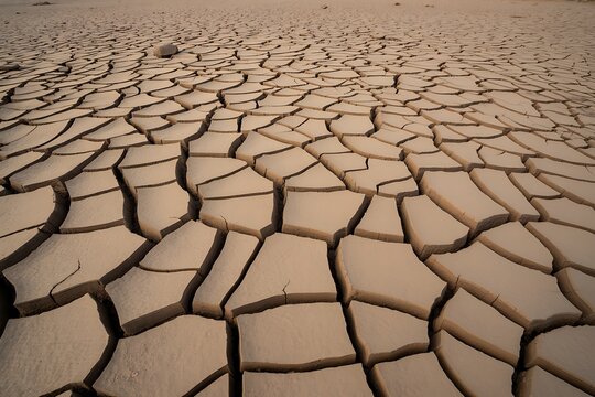 Stunning cracked earth landscape evokes climate change concerns and desertification, ideal for environmental reports and arid climate documentaries