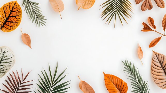Overhead shot of leafy tropical plant elements arranged flat on clean white backdrop