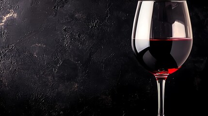 Minimalist presentation of wine glass filled with red drink glowing against black background